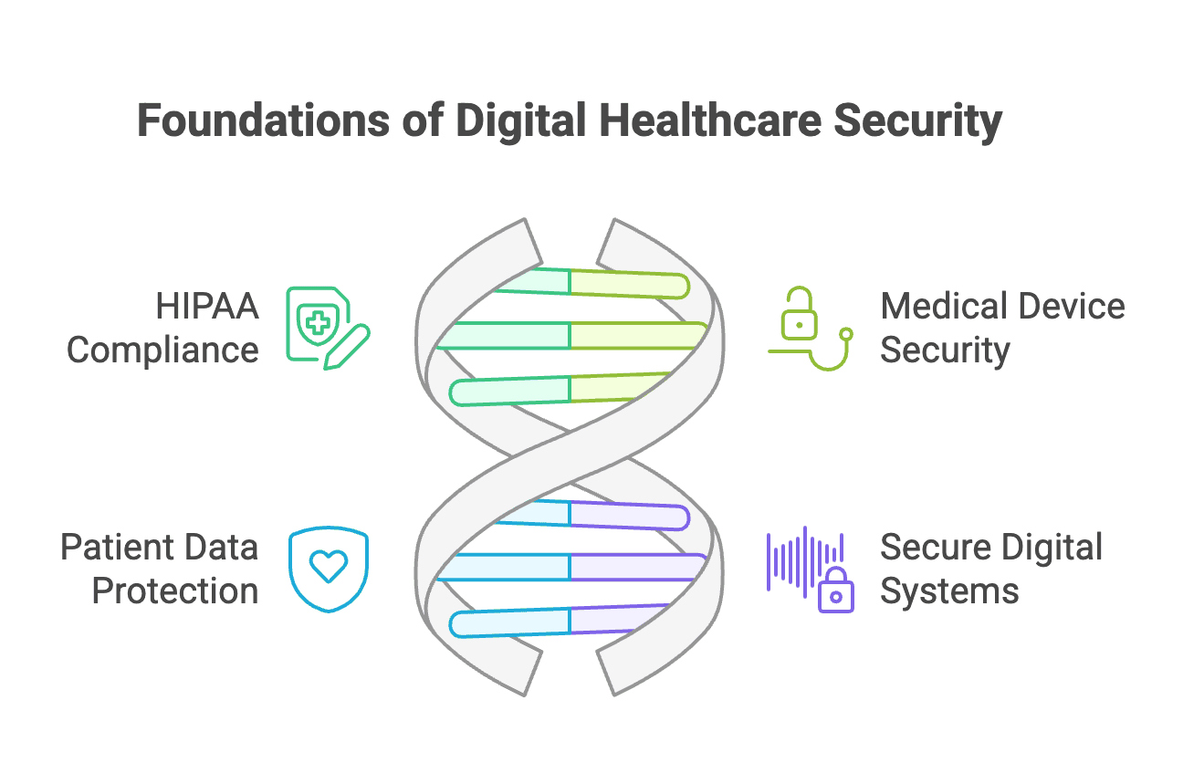 Healthcare security testing framework showing comprehensive approach to protecting patient data