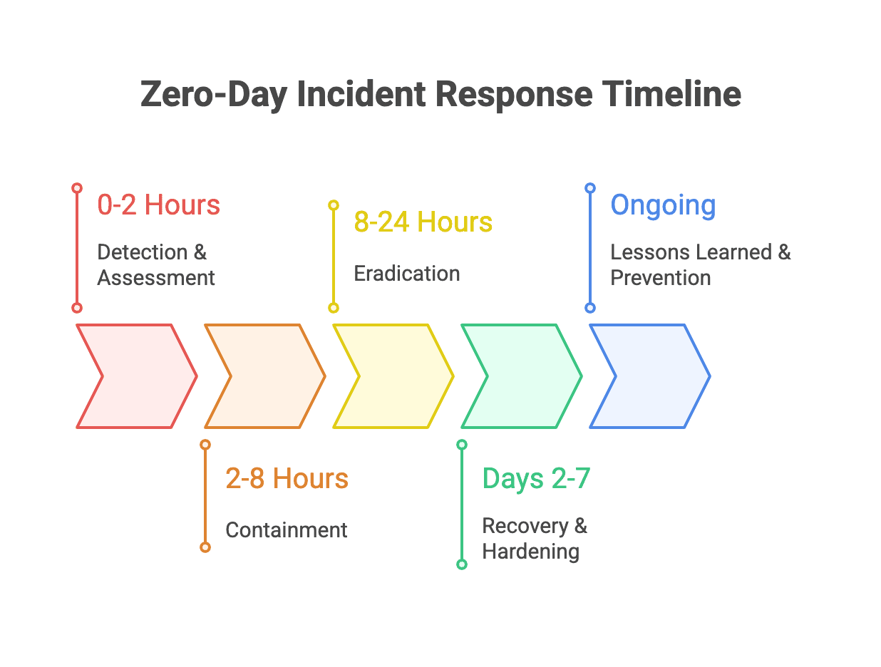Zero-day incident response timeline showing critical phases from detection to remediation