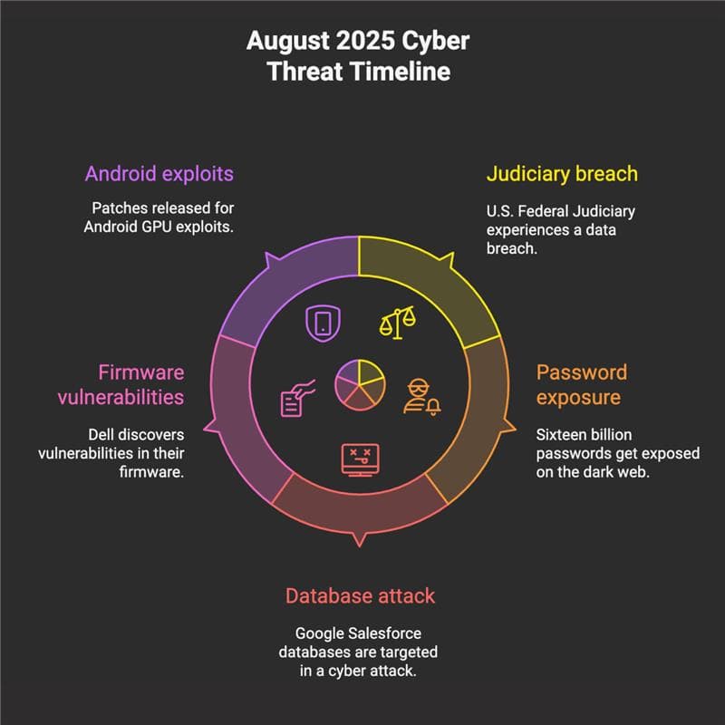 August 2025 Cyber Threat Timeline showing major cybersecurity incidents and emerging trends