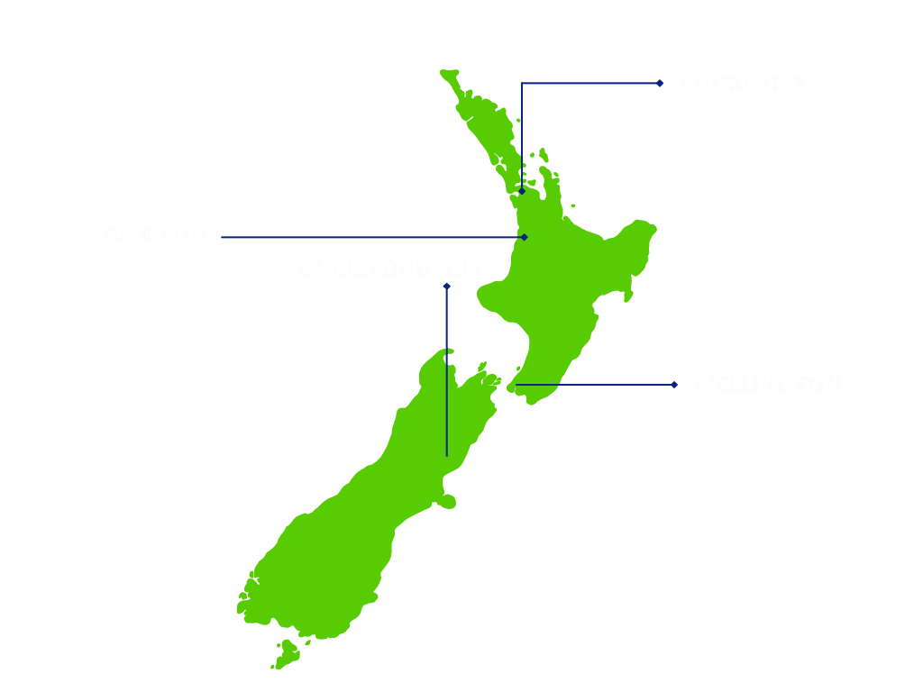 New Zealand cybersecurity services coverage map showing Hamilton-based penetration testing services